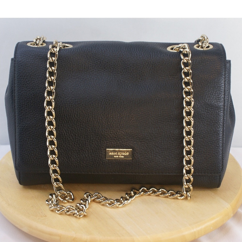 Kate Spade New York Black Pebbled Leather Flap Shoulder Bag Gold Chain Strap